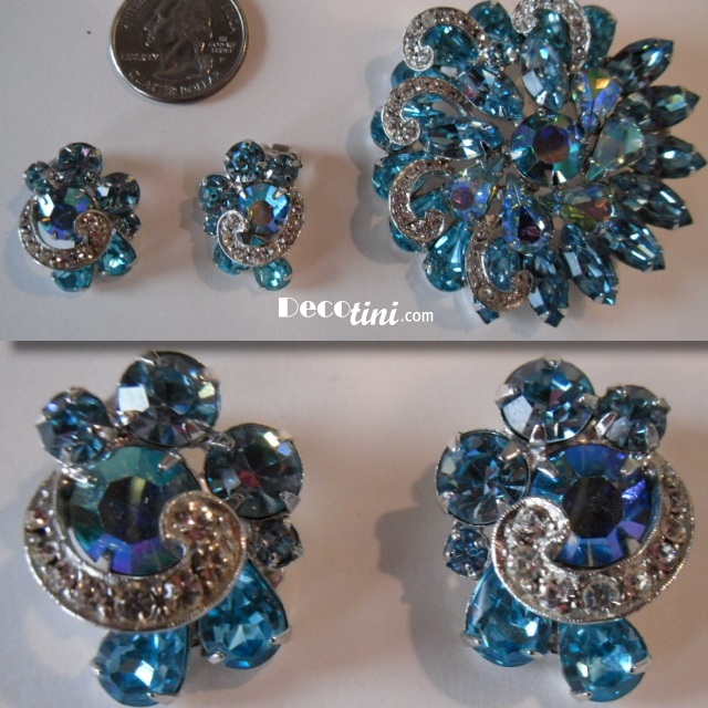 Weiss Blue Beauty Pin and Earrings 1950s SOLD