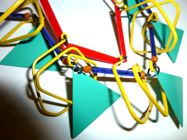SOLD Eve Kaplin Playful Necklace. 1980s. Teal, Red & Yellow. Kinetic Art.