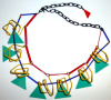 SOLD Eve Kaplin Playful Necklace. 1980s. Teal, Red & Yellow. Kinetic Art.